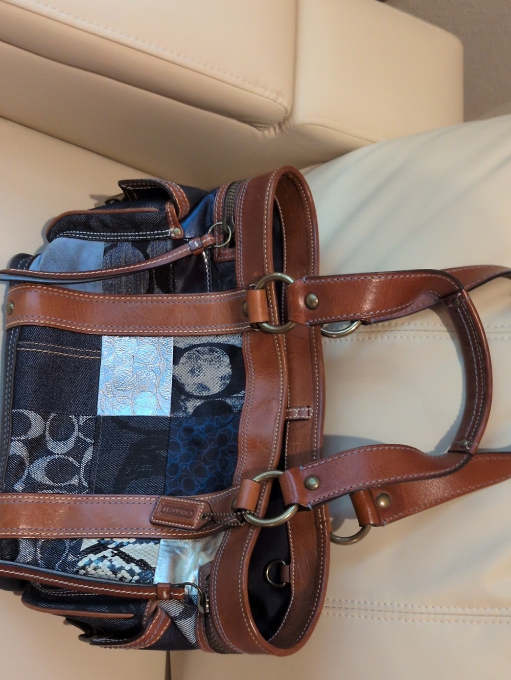 Coach Patchwork Mini Tote with Brown Leather Trim and Blue Panels